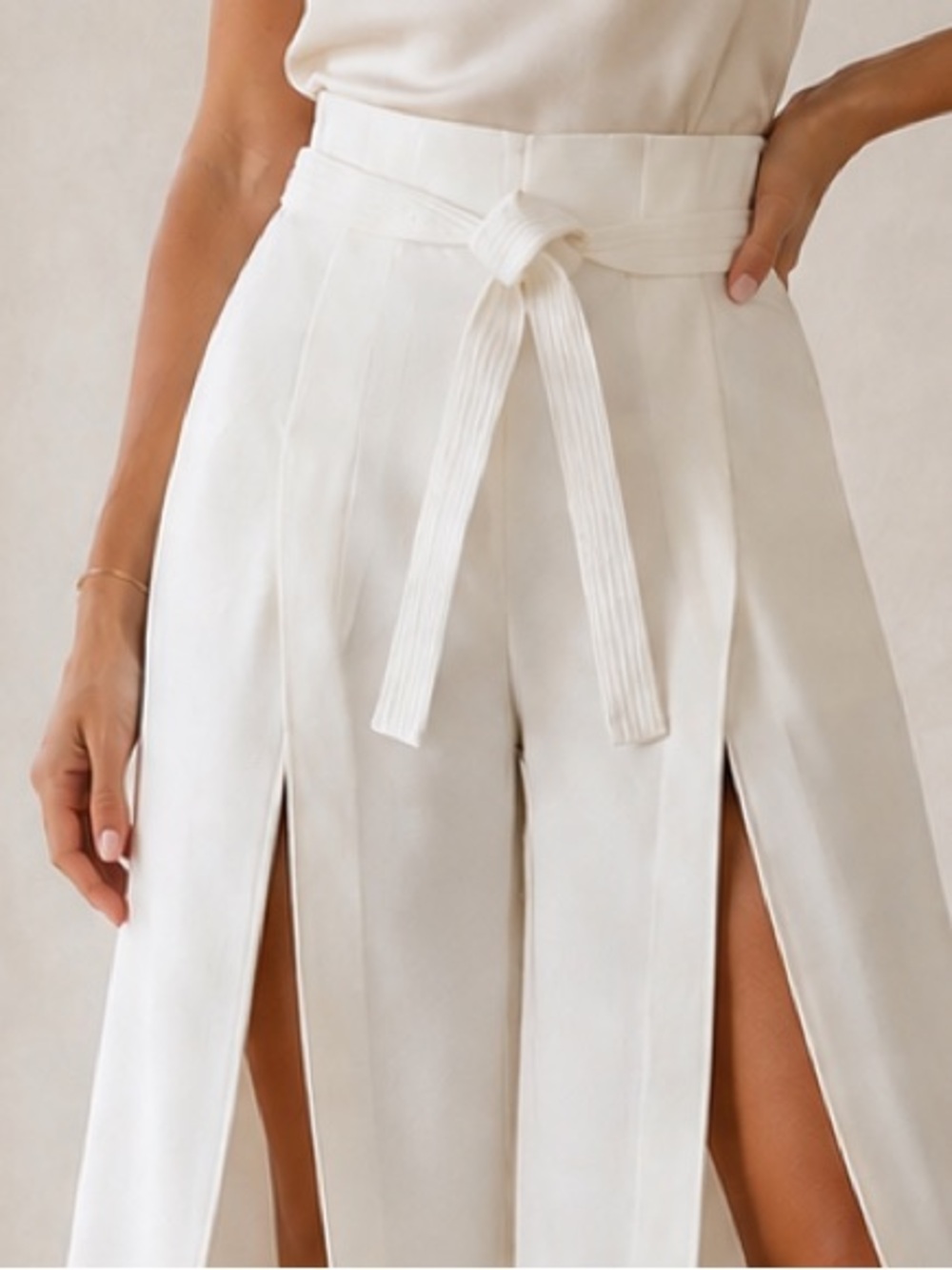 DKNY High-Waist High Drape 
Split-Leg Ivory Pants with Tie Belt - Picture 2 of 12